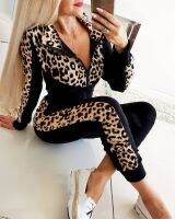 【DT】hot！ 2pcs Set Leopard Splicing Turn Down Sleeve Sweatshirts Waist Pants lady sports suits