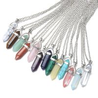 1PC Silver Plated Natural Quartz Crystal Hexagonal Chakra Healing Point Pendulum Stone Pendant Choker Necklace Jewelry Accessory Fashion Chain Necklac