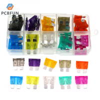 pcbfun ชุดใบมีดตัวแปลงฟิวส์รถยนต์ขนาดกลาง100/50ชิ้นชุด2A 3A 5A 7.5A 10A 15A 20A 25A ชุดฟิวส์35A 30A พร้อมคลิปกล่องสำหรับรถเรือรถบรรทุกรถ SUV