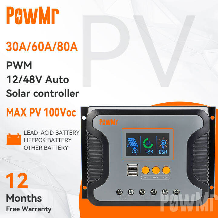 PowMr 30A/60A/80A PWM Solar Charge Controller 12V48V Solar Controller