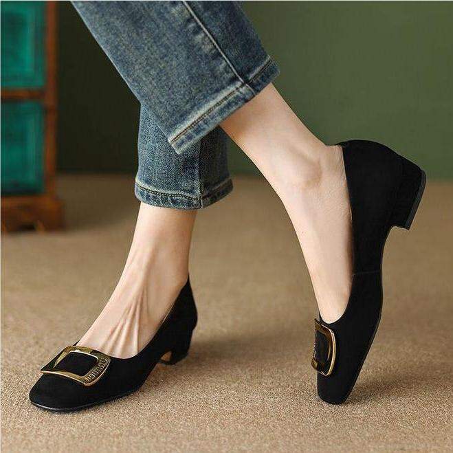 Women 3cm heel boat shoes retro suede square toe work office shoes Lazada