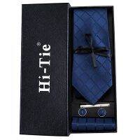 Hi-Tie Navy Plaid For Men Silk Woven Ties Solid Cravat Necktie Set Cufflinks Tie Clip Gift Box for Husband Male HB-1656