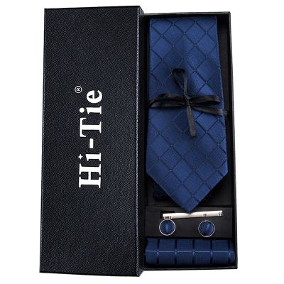 Hi-Tie Navy Plaid For Men Silk Woven Ties Solid Cravat Necktie Set Cufflinks Tie Clip Gift Box for Husband Male HB-1656