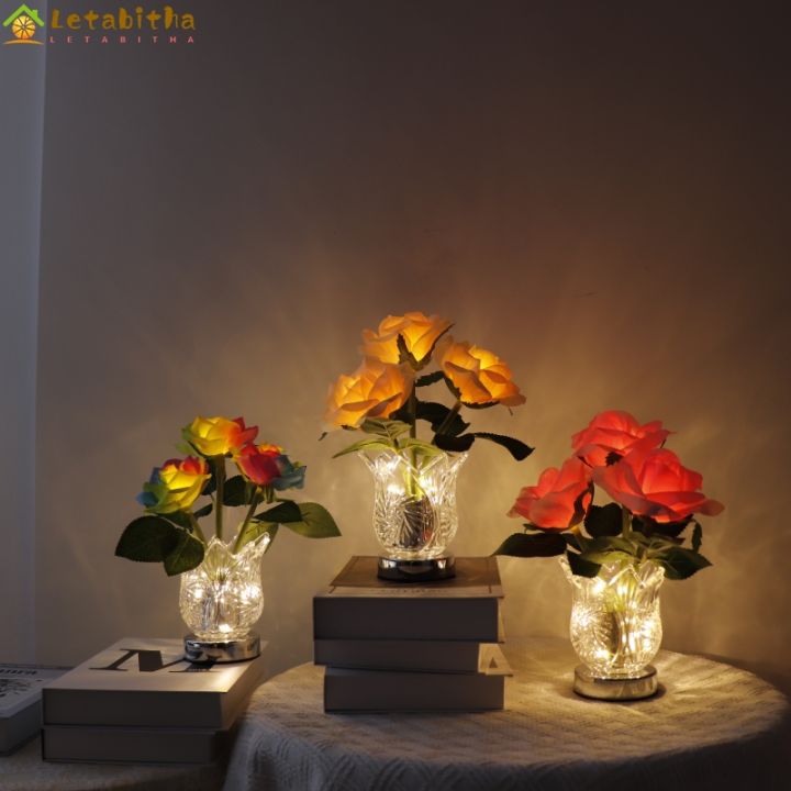 ดอกกุหลาบจำลอง-led-ไฟกลางคืนเครื่องประดับโคมไฟตั้งโต๊ะแบบชาร์จได้ลดแสงจ้าสำหรับการตกแต่งบ้าน