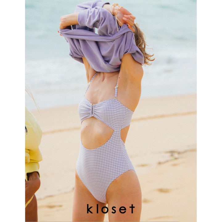 kloset-kk22-sw007-open-front-gingham-one-piece-ชุดว่ายน้ำ-วันพีช-ชุดว่ายน้ำผู้หญิง