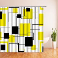 Yellow Black Geometric Shower Curtain Set Abstract 3D Checkered Stripe Modern Design Art Creative Bathroom Curtains With Hooks