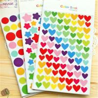 6 Sheets สีสัน อัลบั้มของเล่นภาพถ่าย สติ๊กเกอร์หนังสือ DIY สติ๊กเกอร์ลายจุดหัวใจดาว สมุดรายวันสมุดภาพ การตกแต่งสีรุ้ง สมุดบันทึก