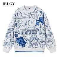 IELGY เสื้อกันหนาวผู้ชายคอกลมพิมพ์ลายสไตล์ฮ่องกง