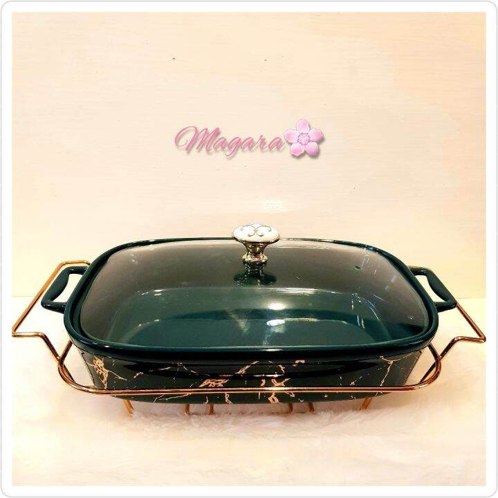 Nordic Rectangle shape Ceramic Food warmer bowl size with holder L34cm