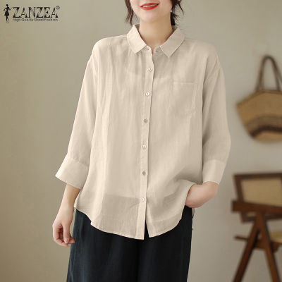 (สินค้ามาใหม่)(จัดส่งฟรี)Fancystyle ZANZEA เสื้อลำลองแขน3/4ของผู้หญิง,เสื้อกระดุมคอเสื้อเปิด-ลง #8