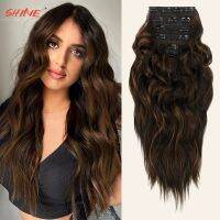 Clip In Hair Extensions Synthetic Wavy Wig 6 Pcs/Set Dark Roasted Color 22 Inches Soft Hairn