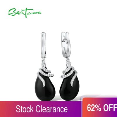 SANTUZZA Pure 925 Sterling Silver Earrings For Women Sparkling White Cubic Zirconia Black Ceramic Trendy серьги Fine Jewelry