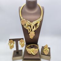 【lz】✶☇✈  Conjunto de joias africano Dubai para mulheres flores de luxo colar e brincos bracelete presentes festa de noivado