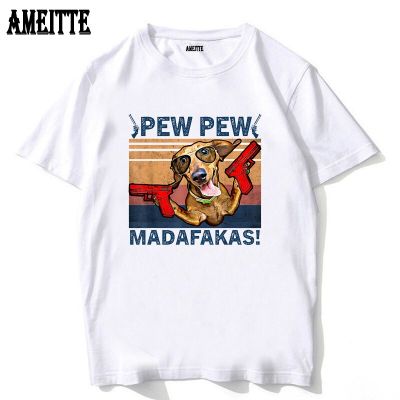 New Summer Short Sleeve Vintage Weiner Dog Pew Pew Madafakas Print T Shirt Funny Dachshund Design Casual Tops Hip Hop White Tees XS-6XL