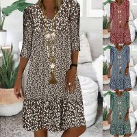 Elegant Bohemian V Neck Beach Dress Womens Summer Printed Half Sleeve Loose Casual Sundress Female Vintage Floral Midi Dresses