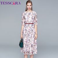 2021TESSCARA Women Autumn Elegant Lace Dress Festa High Quality Long Floral Wedding Party Robe Femme Flare Sleeve Designer Vestidos