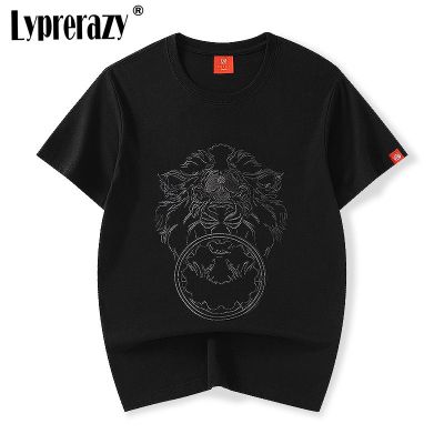 Lyprerazy Summer Chinese Style Lion Head Embroidery Short-sleeved Men T-shirt Loose Cotton Tops Tees