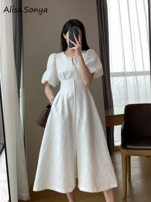 Alisa.Sonya Womens White formal Dress plus size elegant classy Korean style Round Neck Short Puff Sleeve High Waist Zip Up Maxi Dress for civil wedding