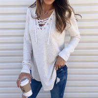 Solid Tee Shirt Pulovers Tunic Top Female Clothing 2021 Autumn Womens Casual Sexy Hollow Out Bandage V Neck Long Sleeve T-shirt