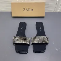 [Ready Stock] ZA RA New style square Diamond Fairy Beaded flat slippers