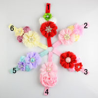 6 pcslot , Rosette Chiffon Flowers Headband with Rhinestone Buttons