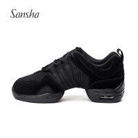 Sansha Unisex Dance รองเท้าผ้าใบหนังตาข่ายด้านบนหนา PU Split-Soles สีดำ Pro Modern Dance Jazz รองเท้า Air Cushion Sole P22LS