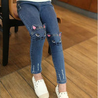 Jeans Girls Korean Cat Baby Pants Embroidered Jeans Denim Trousers Children Clothing 3-8 Years