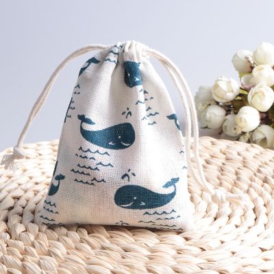 Printed Cotton Linen Drawstring Pocket Gift Bag Cute Whale Print Kids Travel Cloth Shoes Storage Bag Makeup Case Xmas Gift Bag