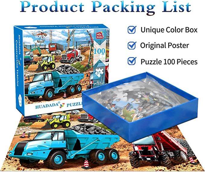 Huadada Puzzles For Kids Ages 4-8, Construction Vehicles 100 Piece Puzzles  For Kids Educational Jigsaw Puzzles Toys Gift For Boys And Girls Age 4, 5, 6,  7, 8-10 Years Old (15