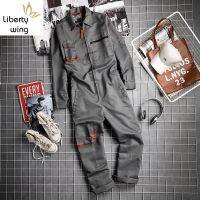 Vintage Harajuka เสื้อแขนยาว Cargo Overalls Zipper Fly กระเป๋า Rompers Mens Jumpsuit แฟชั่นหลวม Casual Plus ขนาด S-4XL