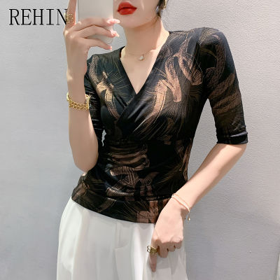 REHIN เสื้อยืดผู้หญิง2023คอวีจีบสีทอง,เสื้อยืดแขนสั้นเข้ารูปทันสมัยเสื้อเชิ้ตธรรมดาฤดูร้อน