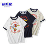 MBBCAR เสื้อยืดแขนแขนสั้นคอกลม230G สำหรับผู้ชาย,เสื้อยืดผ้าฝ้ายพิมพ์ลายตัวอักษรรูปนกการ์ตูนย้อนยุคเสื้อยืดแขนสีกากีสำหรับเด็กผู้ชาย