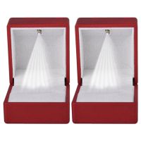 2X Rings Display Box Storage Soft Velvet Tray Case Holder Stand Display Storage Box LED Light Ring Box Red