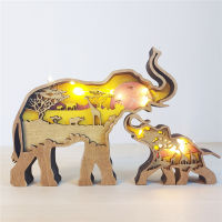 Christmas Decoration Wooden Hollowed Small Elephant Mother and Son LED Light Cute Desktop Ornaments Home Decor Accessories