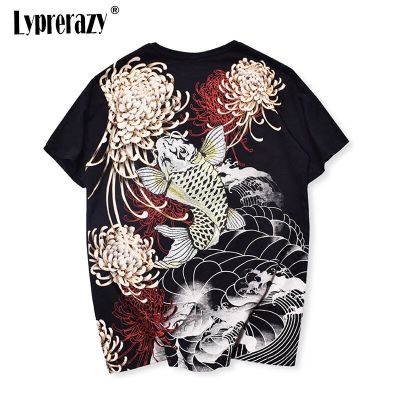 Lyprerazy Japanese Harajuku Ukiyoe Vintage T-shirt Mens Carp Fish Chrysanthemum Embroidery Chinese Style Tattoo T-shirts