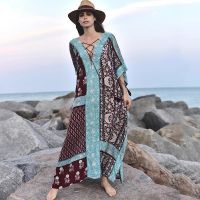 COD DSFGRDGHHHHH New Elegant Women Cotton Robe Loose Beach Sexy Dress Sunscreen V Neck Long Sundress Outer Bikini Blouse Vintage Bohemian Dresses