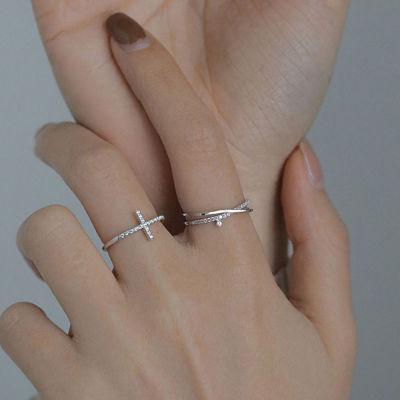 RERB แหวนแฟชั่นไขว้สีเงินปรับผู้หญิงหญิงสาวสง่างามปรับได้แหวนเพทายแหวนเปิดเครื่องประดับอัญมณีแหวน