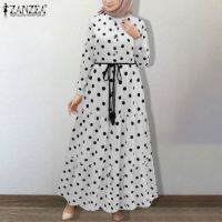 มุสลิม Polka Dot Maxi ชุดสตรี2023ฤดูใบไม้ผลิฤดูใบไม้ร่วง Elegant waiist เข็มขัด ruffle ดูไบ abaya turke Positive Kaftan vestdoz