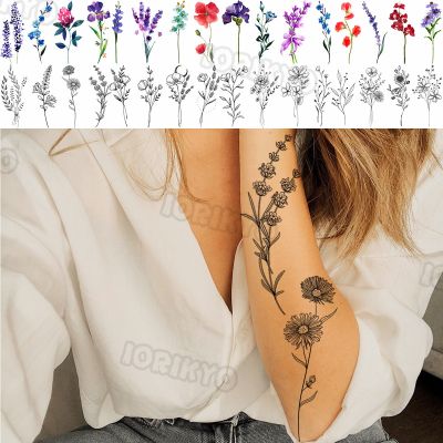 【YF】 Black Poppy Flower Temporary Tattoos For Women Kids Realistic Lavender Plum Waterproof Fake Tattoo Sticker Arm Body