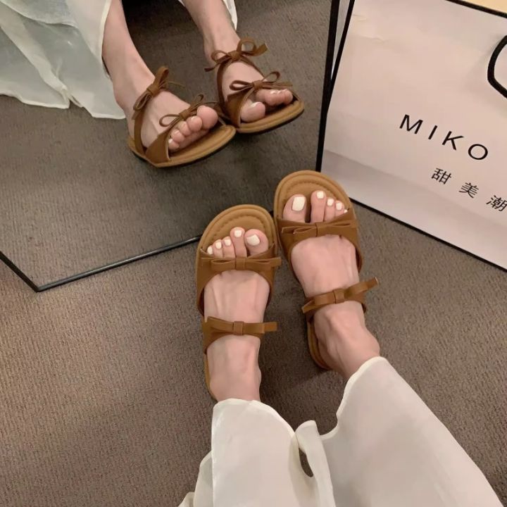 fairy-style-sandals-with-skirt-bow-flat-wanwan-shoes-2023-summer-new-open-toe-refined-slippers-womens-shoes