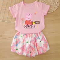 Girls Set Peppa Pig Short Sleeve Flower Bud Shorts Girls Summer Skirt Baby Printed Short Skirt Baby Cute Skirt 2 Sets