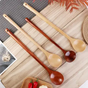 Korean Style 10.9 Inches Tableware Long Handle Natural Wood Round Soup  Spoon Kitchen Utensil Spoons Cooking Supplies