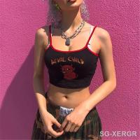 【CW】∏♤♝  Fashion Backless Camisole Top Streetwear Ladies Demon Print Spaghetti straps Patchwork Crop