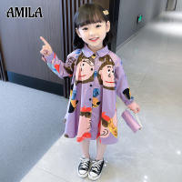 AMILA ชุดเดรสเสื้อเชิ้ตพิมพ์ลายการ์ตูนน่ารักสำหรับเด็กผู้หญิง