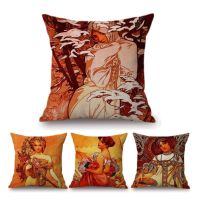 【CW】 18 quot; Nouveau Sofa Throw Mucha 4 Seasons Goddess Set Luxury Cotton Cushion Cover ！