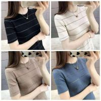 COD DSFERTRETRE Short Sleeves T-shirts for Women Summer Slim Ice Silk Knitted Top Womens Stripes Casual T-shirt