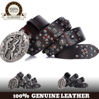 ผู้ชาย100% ของแท้เข็มขัดหนัง Cowhide Vintage Classic Punk Rivet เข็มขัดเข็มขัดคาดเอว