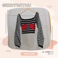 เสื้อไหมพรมแขนยาวสก็อตขาวดำ ทรงคอเหลี่ยม **GIDDYWITHU