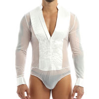 MSemis Mens Bosysuit Sexy Lingerie Nightwear Clubwear Costumes Sheer Mesh Splice Latin Ballroom Gymnastics Leotard Dance Wear