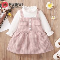 PatPat Frilly Collar Long-Sleeve Splicing Pink Baby Faux-Two Houndstooth Dress